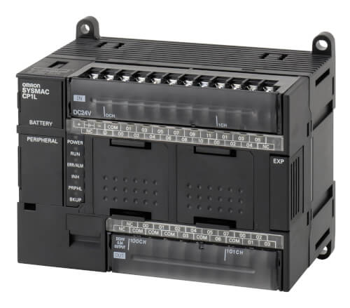 A compact programmable logic controller with rows of wired input and output terminal blocks and status indicator lights